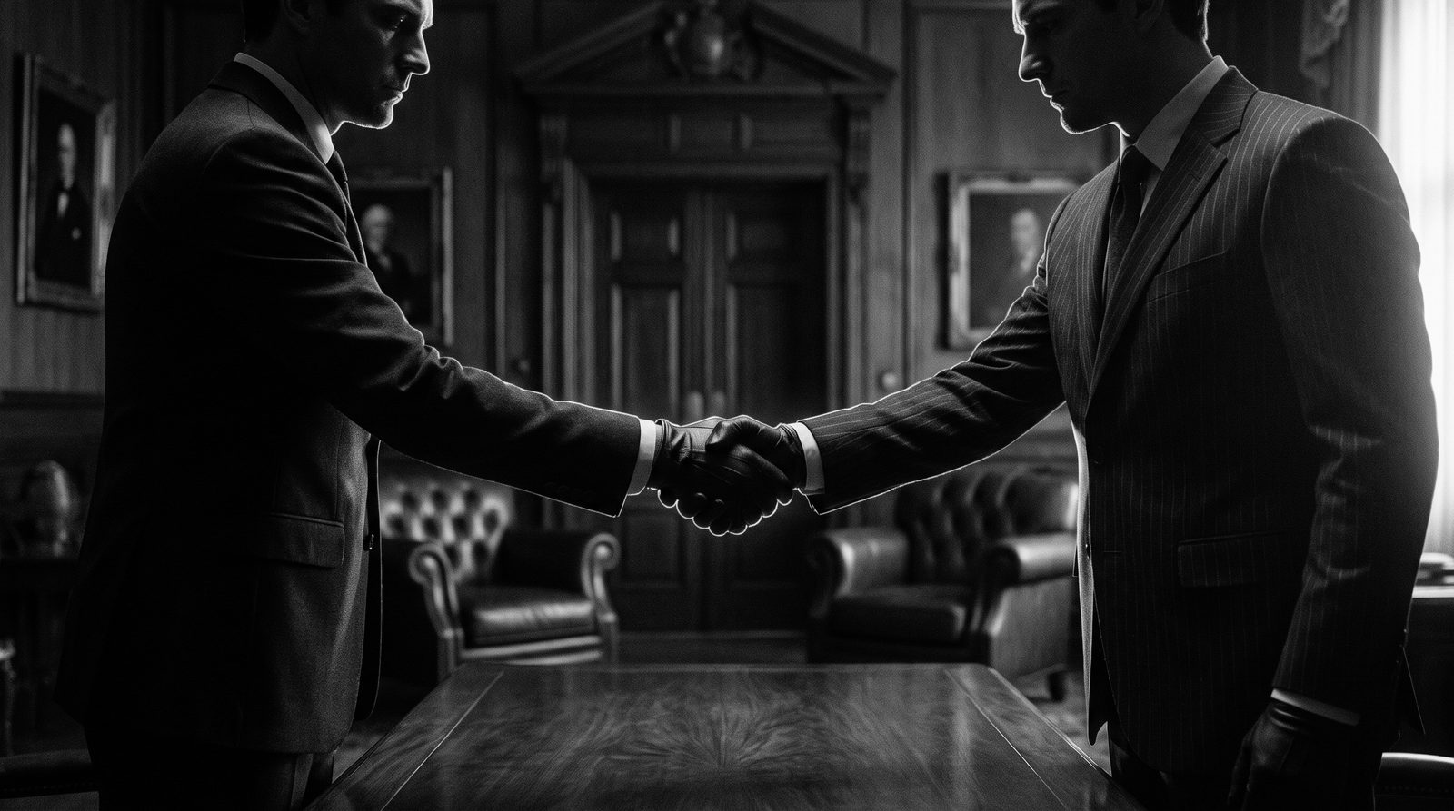 Two suited operators shaking hands across a table in a dark, premium members-club setting